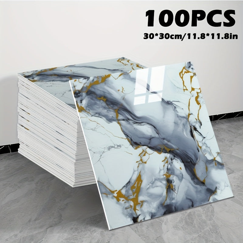 Peel and Stick Wall Tiles 50/100pcs Waterproof PVC Marble Self Adhesive Vinyl Tile Stickers for Bathroom Kitchen Living Room, TV Backdrop Shower Wall Panels Modern Home Decor Easy Installation