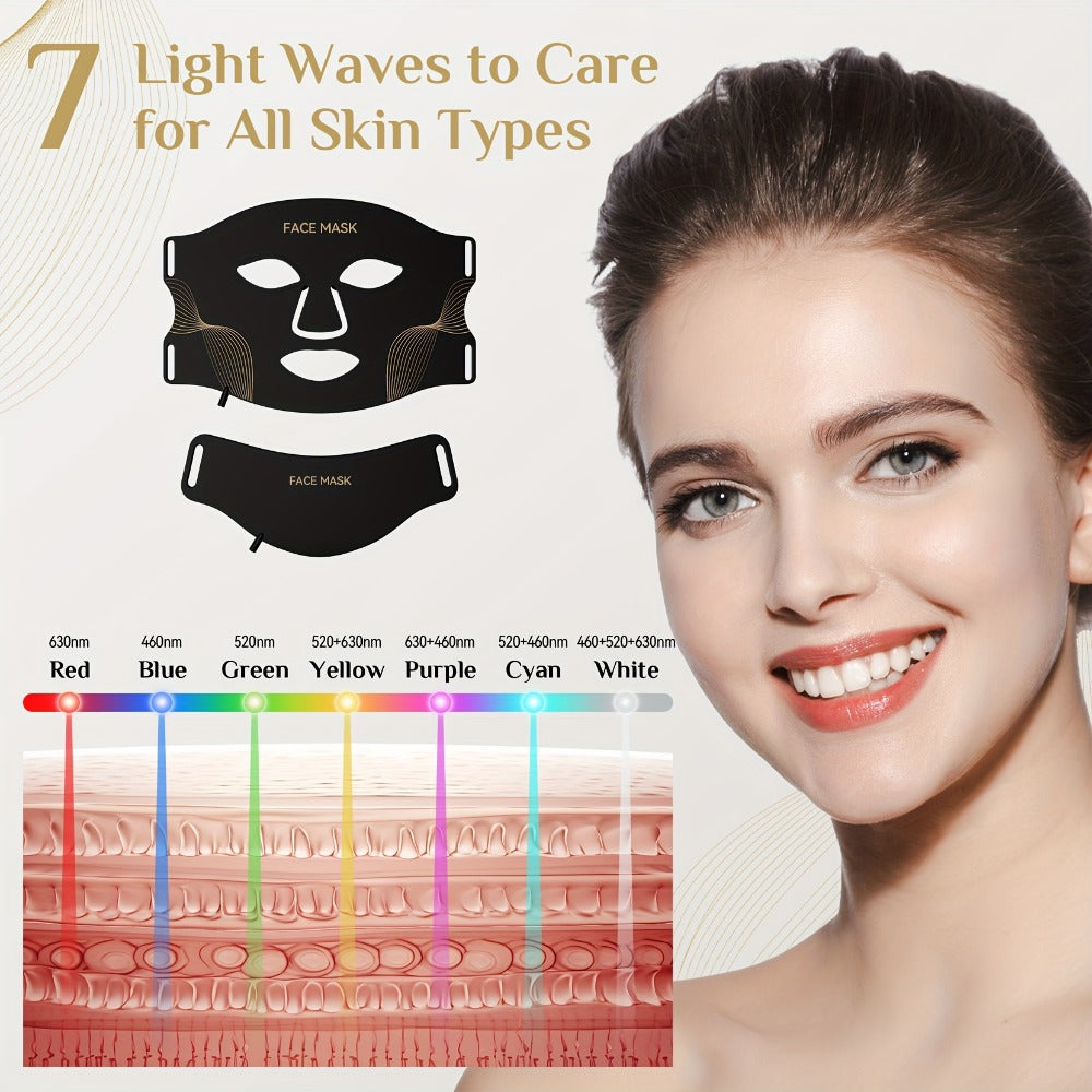 LED Light Therapy Face Mask 7 Color Red Light FDA Cleared Face and Neck Mask for Acne Whitening Anti-Aging Collagen Renewal Hydration Skin Care Home Use Rechargeable Portable