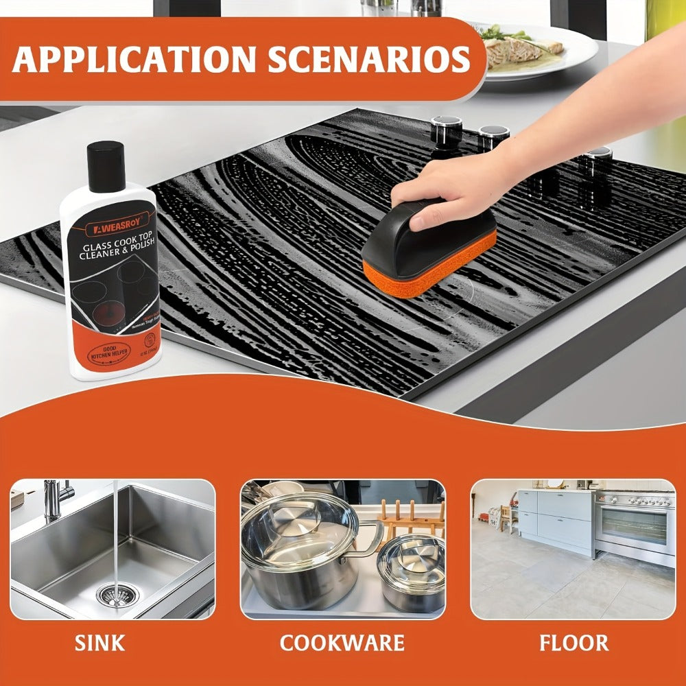Glass Stove Top Cleaner Kit 12oz Non-Abrasive No Scratch Cooktop Cleaner and Polish Removes Tough Grease Stains 9-Piece Set with Scrubbing Pad Handle Scraper and Cloth for Smooth Cooktop Range