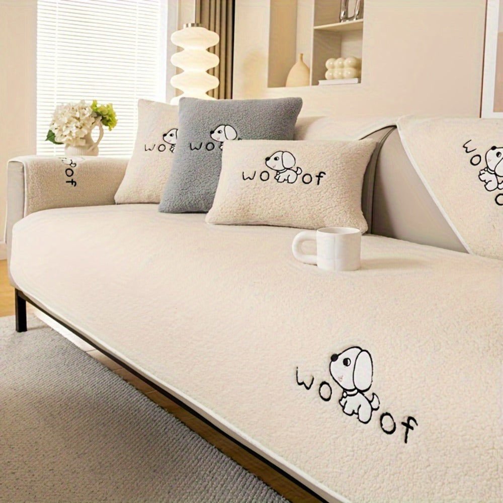 Sherpa Plush Sofa Cover Non-Slip | Thick Fleece Couch Protector, Pet Friendly Furniture Shield, 1 to 4 Seat, Armrest Backrest Pillowcase, Deep Gray Light Gray Coffee Off White