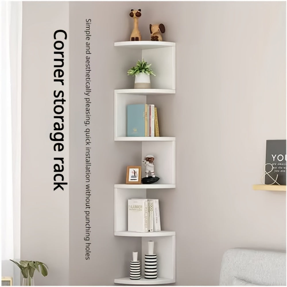 5-Tier Wall-Mounted Corner Shelf ¨C Space-Saving Floating Storage Organizer in White Acrylic for Bathroom, Living Room, Bedroom, Kitchen & Office, Decorative Corner Rack & Versatile Room Organizer