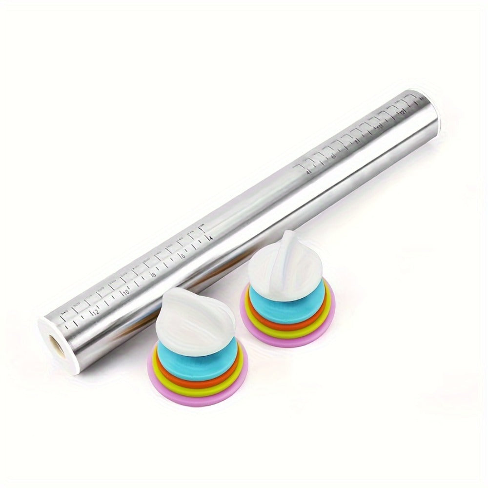 Stainless Steel Rolling Pin with Adjustable Thickness Rings Dough Roller for Baking Pizza Cookies Pastry 430 Grade Non-Stick Heavy Duty Kitchen Baking Tool