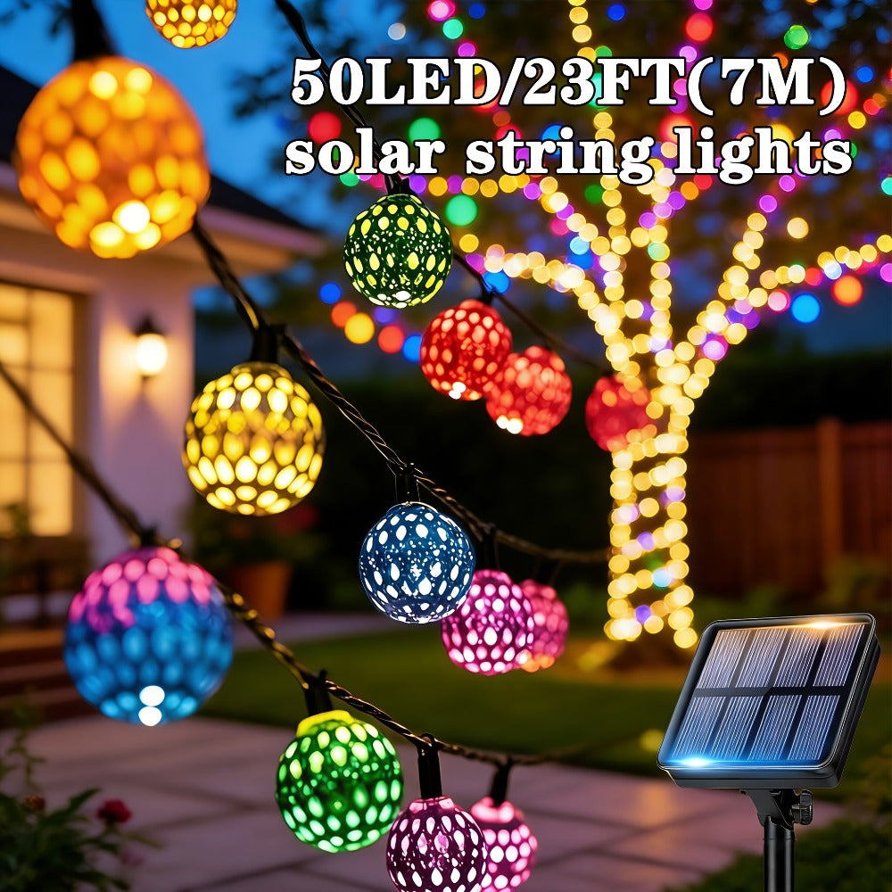 Moroccan Solar String Lights Outdoor - Metal Sphere Fairy Lights with 20/30/50 LED Beads, 8 Modes, IPX65 Waterproof | Boho Garden Lights for Patio, Lawn, Wedding, Christmas Tree & Party Decoration
