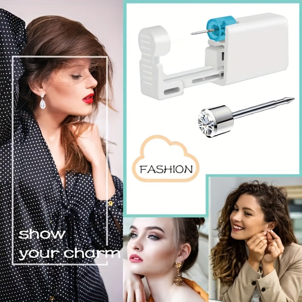 Disposable Ear Piercing Gun Set 8pcs - Stainless Steel Ear Stud Piercing Tool Kit, Safe Portable Self-Piercing Device with Hypoallergenic Earrings for Home Use, Silver & Gold