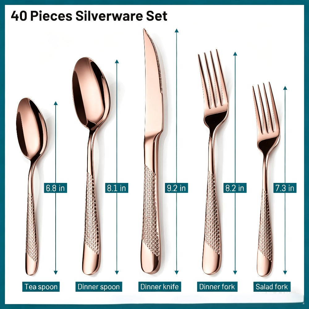 Stainless Steel Flatware Set 40/48 Piece ¨C 304 Silverware Set for 8 Hammered Mirror Polished Rose Gold Cutlery with 2-in-1 Serrated Knife Dishwasher Safe Modern Utensils for Home Restaurant Wedding