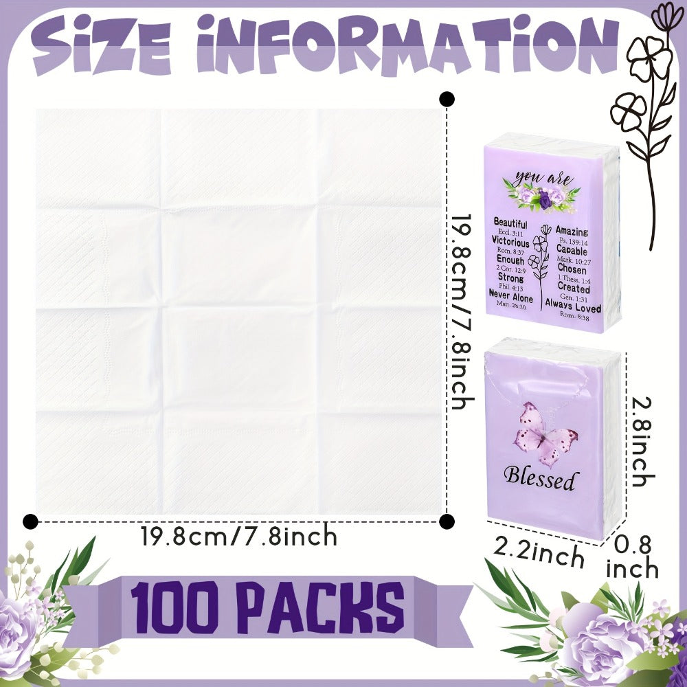 Christian Blessed Pocket Tissues 100 Pack 3-Ply Purple Butterfly Lavender Floral Design 7 Sheets Per Pack for Weddings Graduation Church Events Travel Gifts
