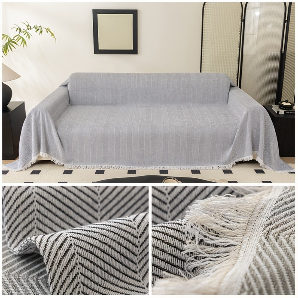 Herringbone Sofa Throw Cover with Tassels Jacquard Woven Solid Color Washable Polyester Sofa Blanket Slipcover for 3 4 Seater Couch Living Room - Grey Coffee Green Blue