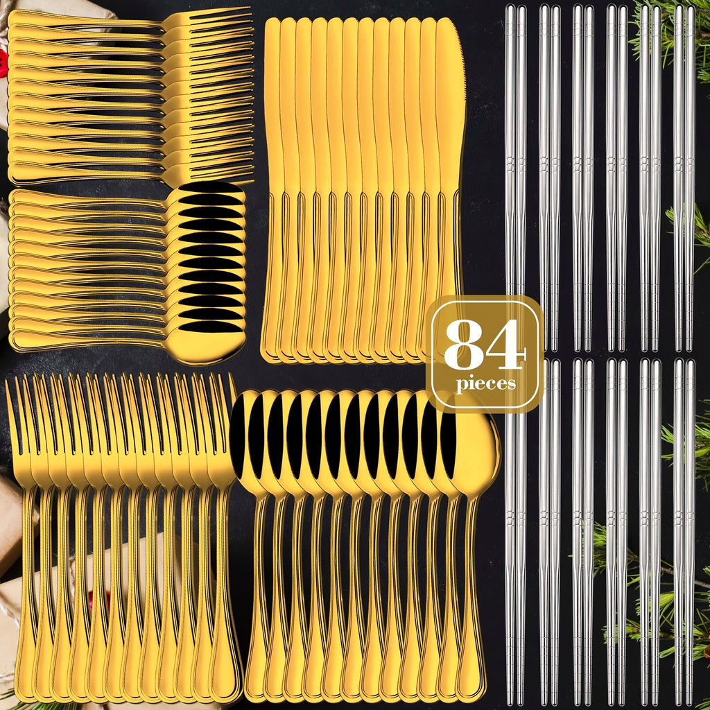 84-Piece Golden Cutlery Set Service for 12 | Knife Fork Spoon Set for Family Gatherings Camping BBQ Kitchen Utensils
