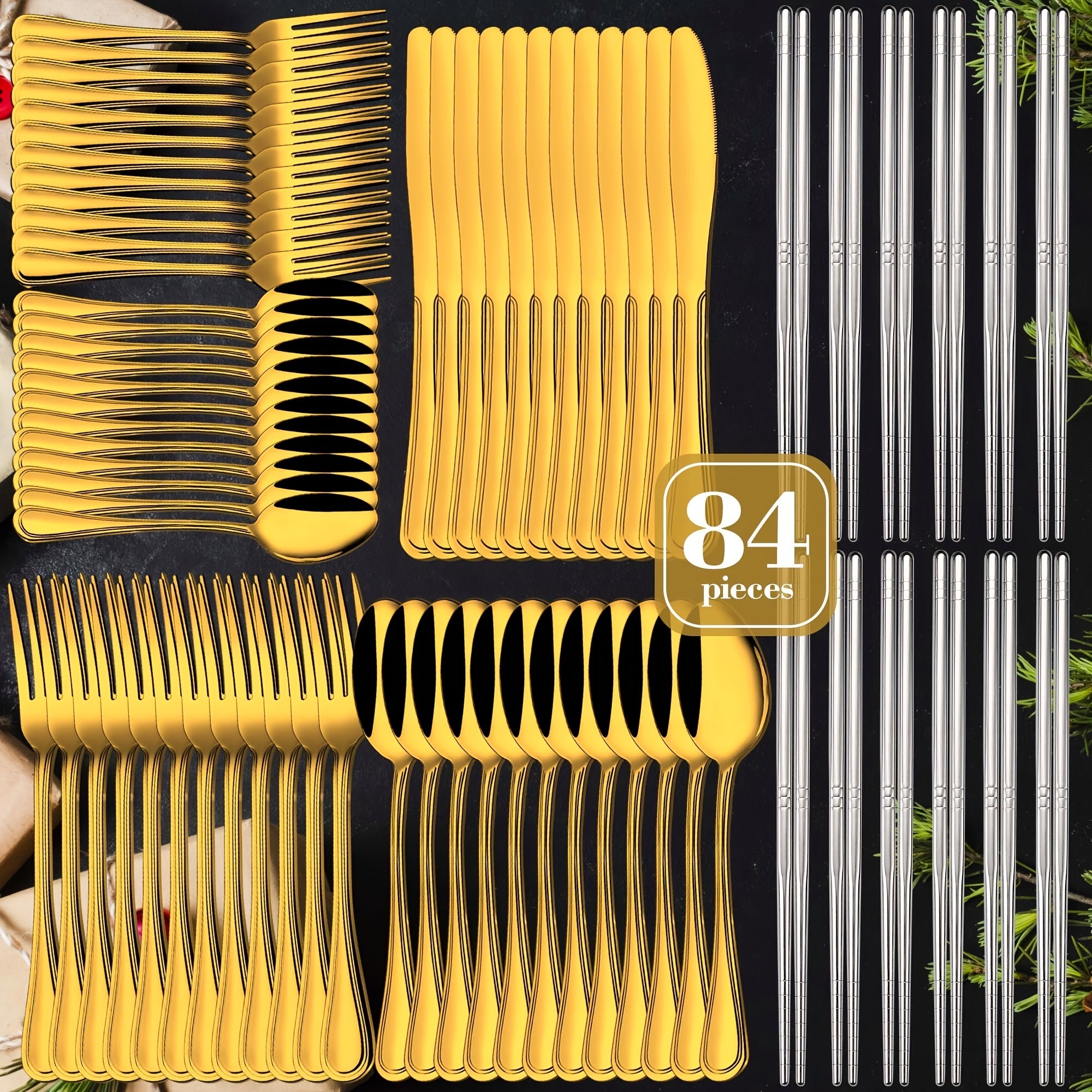 84-Piece Golden Cutlery Set Service for 12 | Knife Fork Spoon Set for Family Gatherings Camping BBQ Kitchen Utensils