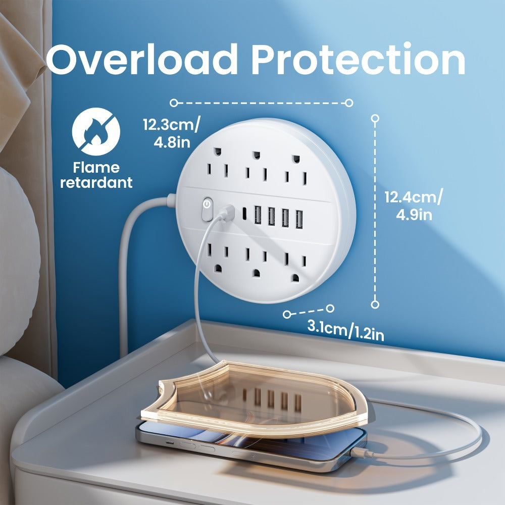 Surge Protector Power Strip 12-in-1 with 6 AC Outlets 4 USB-A 2 USB-C Flat Plug Wall Mount Overload Protection Desk Charging Station for Home Office Travel