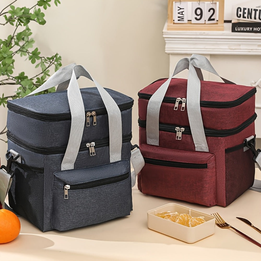Insulated Lunch Bag Large Double Layer Leakproof Cooler Tote Bag with Adjustable Crossbody Strap for Men Women Office Picnic Travel Camping in Black Grey Burgundy Blue