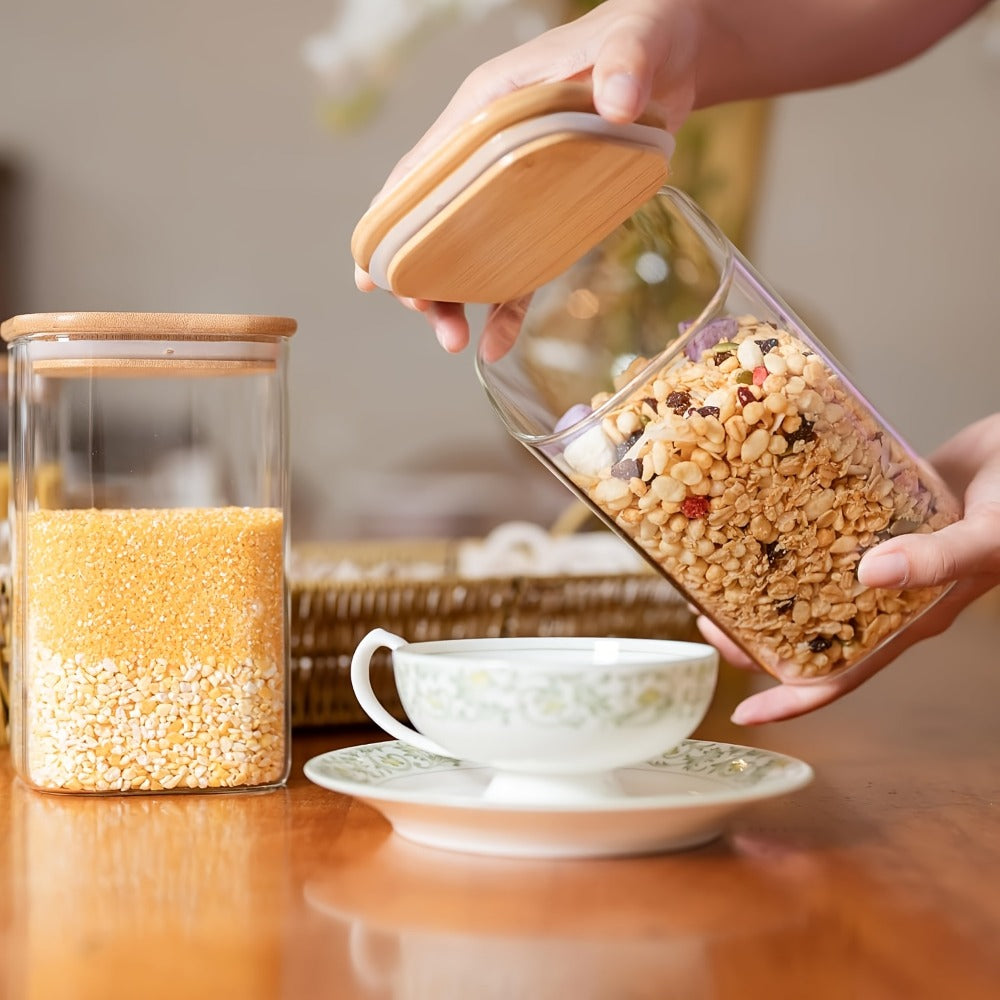 Glass Food Storage Jars with Bamboo Lids 37oz 6pcs Set Airtight Square Glass Containers for Kitchen Pantry Dry Food Tea Coffee Flour Sugar Candy Spices Cookies Clear Canister Organizer