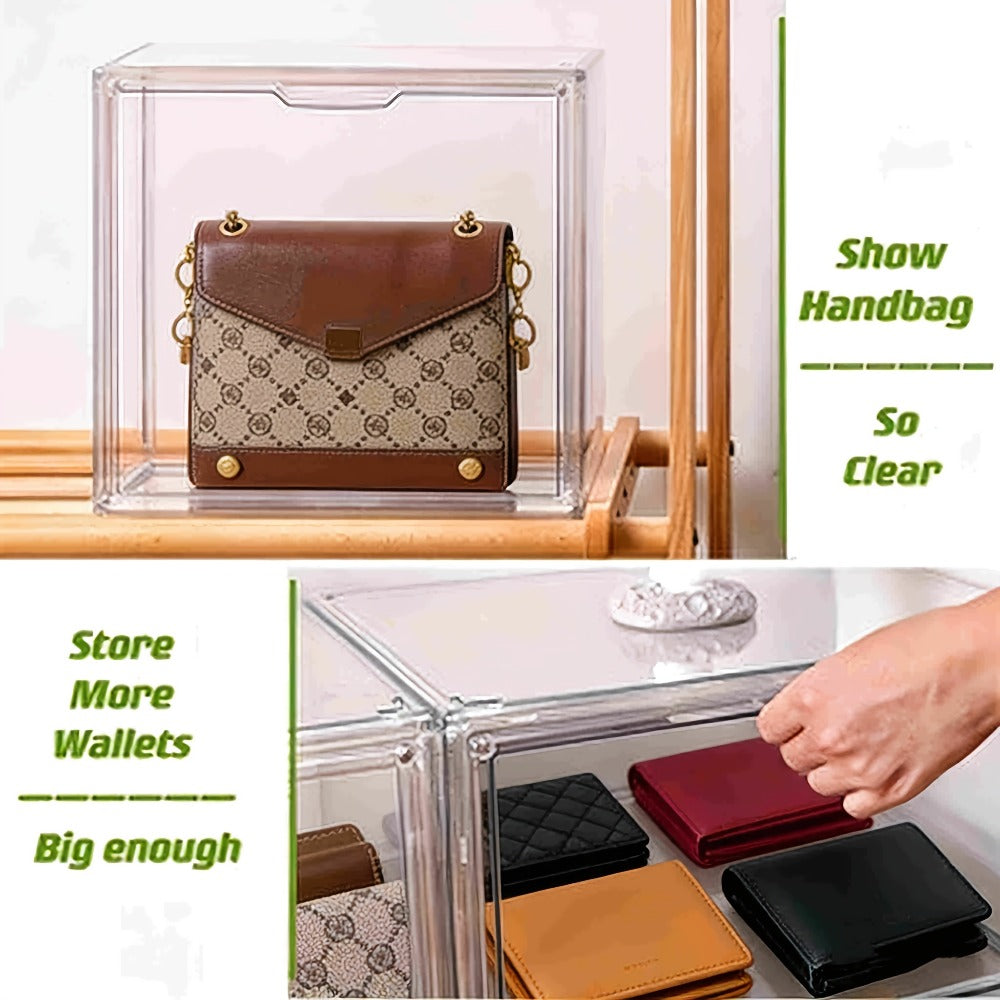 Clear Purse Organizer for Closet ¨C Transparent Acrylic Handbag Display Case with Magnetic Door, Dustproof Stackable Storage Box for Purses, Bags, Collectibles & Cosmetics, Set of 3