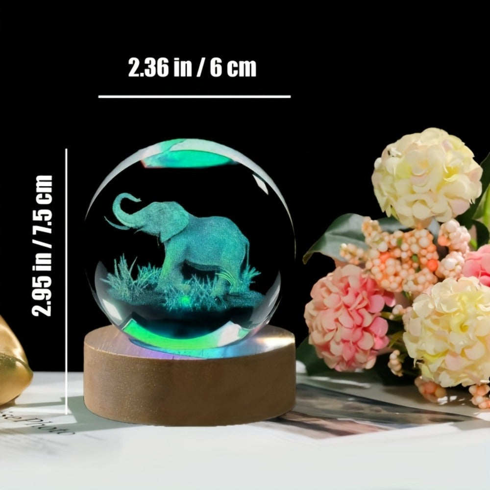 3D Elephant Crystal Ball LED Lamp USB Powered Colorful Night Light Wooden Base Elephant Figurine Tabletop Decor Gift for Women Mom Wife Girlfriend Birthday Valentine Anniversary