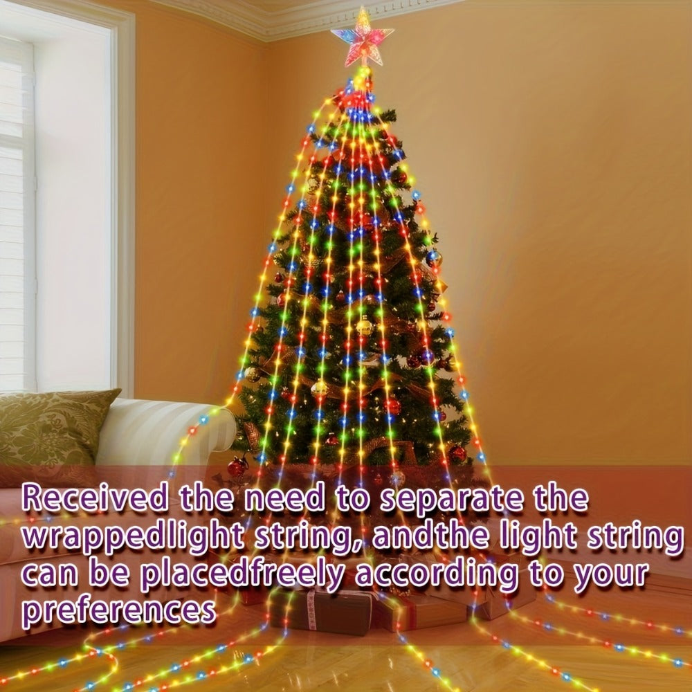 Christmas Tree Waterfall Fairy Lights 200 LED with Star Top Decoration, 8 Lighting Modes ¡ª Battery, Solar & USB Powered Indoor Outdoor Colorful Cascading Holiday Light Strip