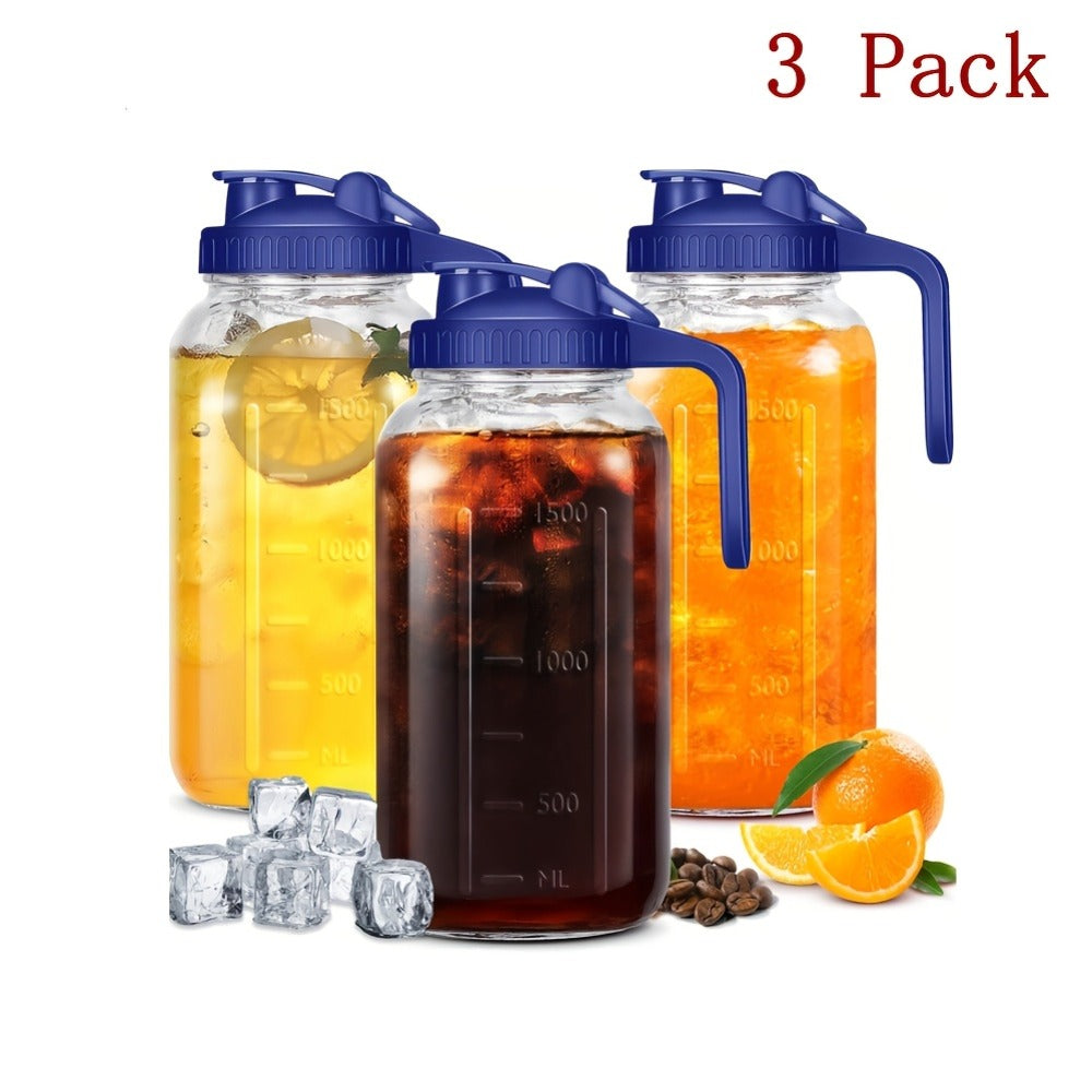 64oz Mason Jar with Handle and Lid 2/3 Pack ¨C BPA-Free Borosilicate Glass Beverage Carafe, Leak-Proof Drinking Jar for Juice, Water, Iced Tea