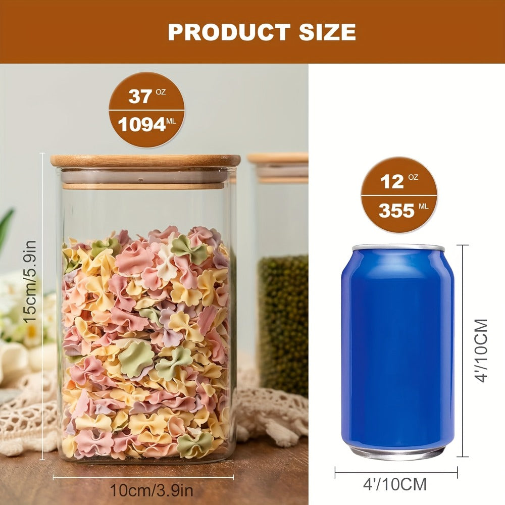 Glass Food Storage Jars with Bamboo Lids 37oz 6pcs Set Airtight Square Glass Containers for Kitchen Pantry Dry Food Tea Coffee Flour Sugar Candy Spices Cookies Clear Canister Organizer