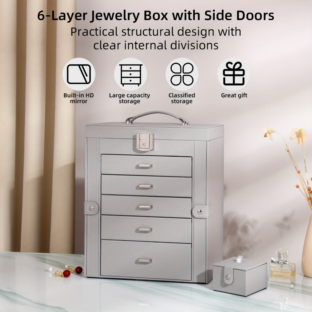 Jewelry Box 6 Tier with 5 Drawers Mirror & Lock | Large Jewelry Organizer Storage Case Gift for Women