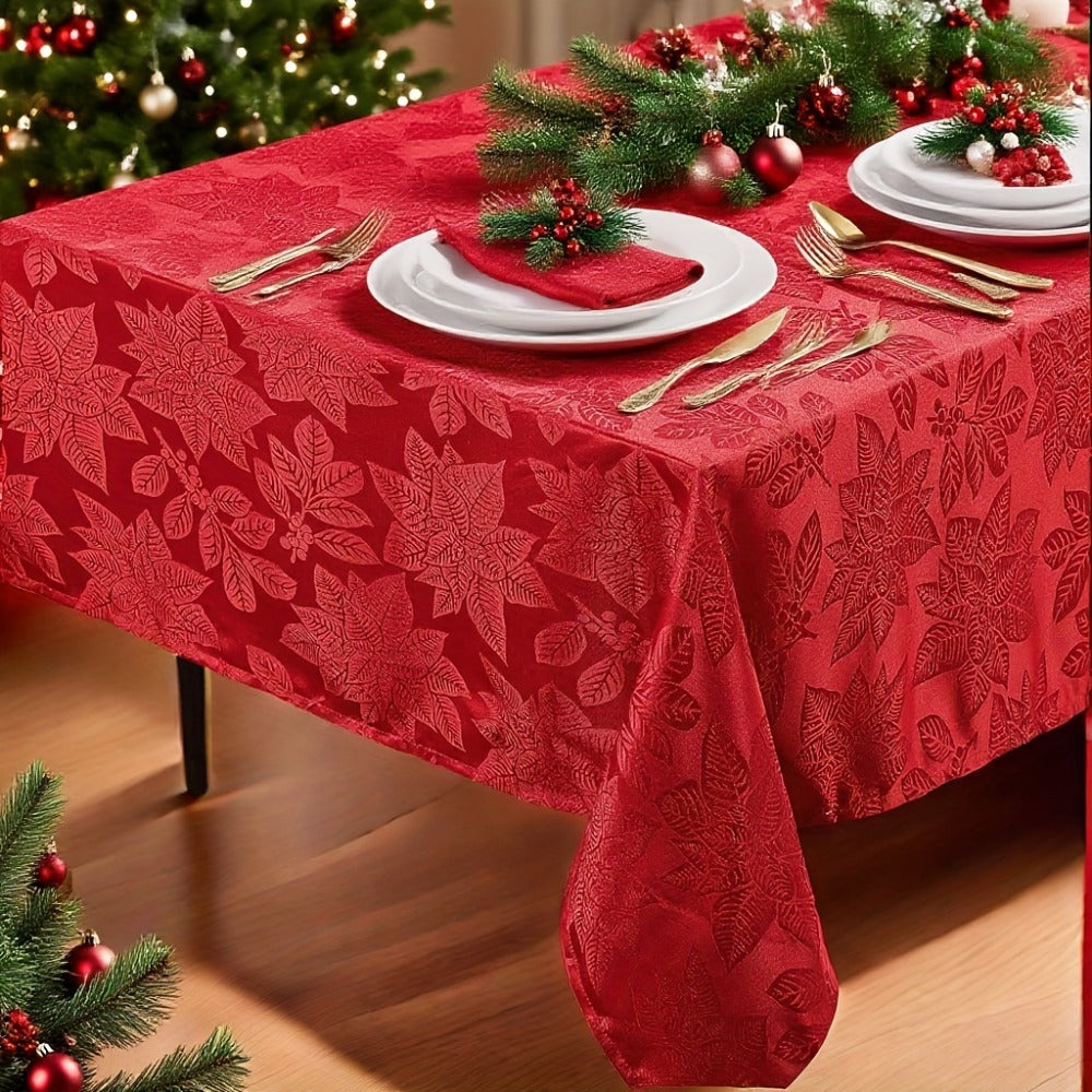 Christmas Tablecloth Red Floral Jacquard Rectangle Table Cover for Holiday Dinner Party Indoor Outdoor