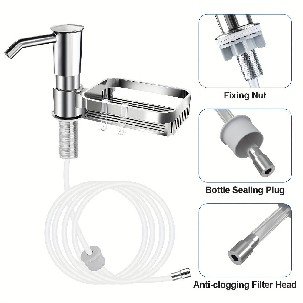 Kitchen Soap Dispenser Set with Sponge Holder & 39¡± Extension Tube, 360¡ã Rotating Pump, No-Drill DIY Install for Kitchen Sink Bathroom Counter & Laundry Room, Fits 24-40mm Countertop Holes