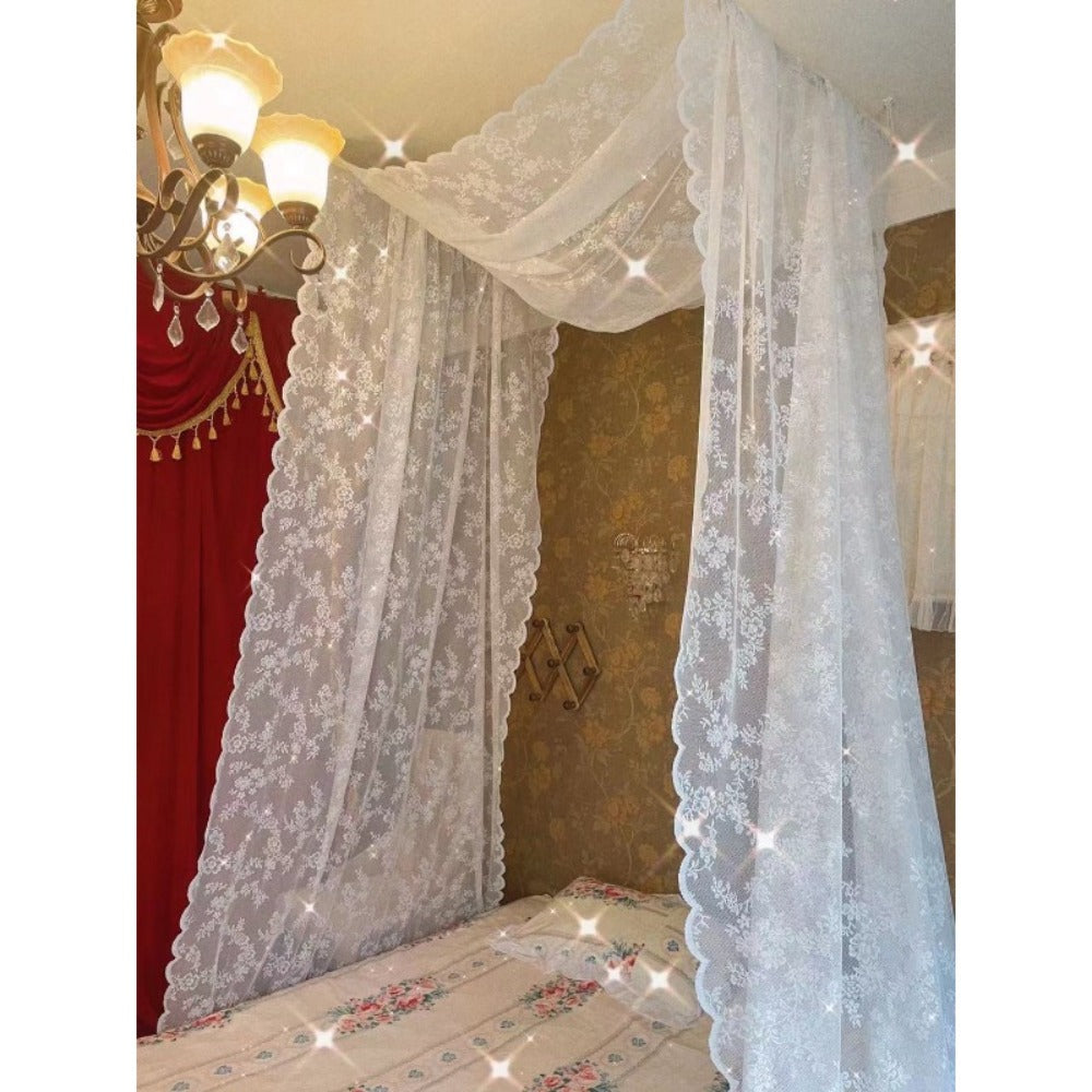 Lace Bed Canopy Mosquito Net ¨C Bohemian Romantic Sheer Bed Curtain for Bedroom, Hotel & Morocco Style Decor | Elegant White Princess Bed Drape for Twin, Full, Queen & King | 57x236 Inch