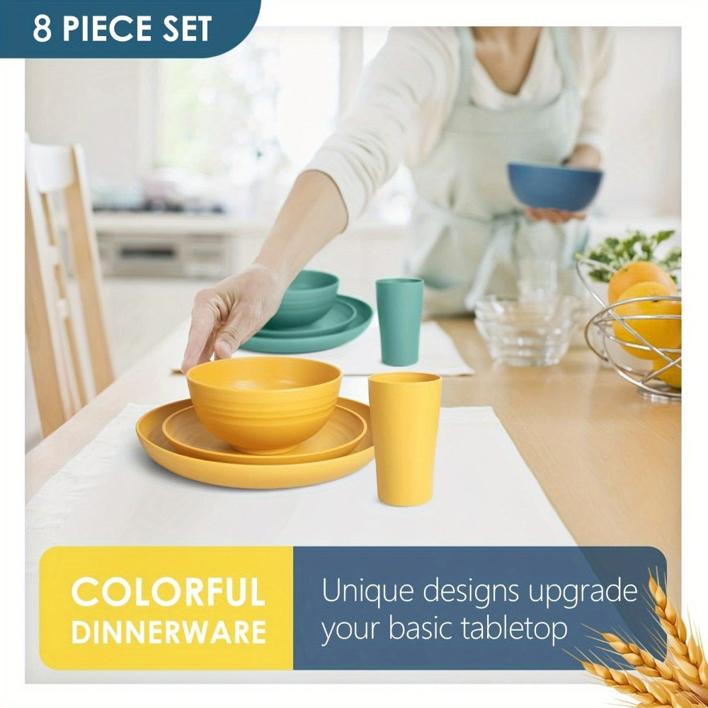 Wheat Straw Dinnerware Set 32/16pcs, Unbreakable Plastic Plates Bowls Cups, Colorful Outdoor Camping Dishes Service for 8