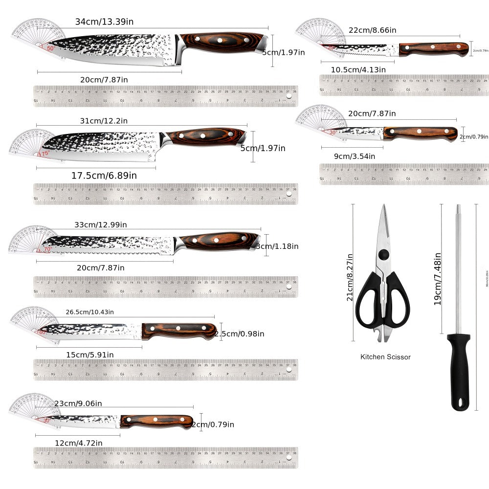 Kitchen Knife Set 15 Piece ¨C Chef Knife Block Set with Self-Sharpening Wooden Block, Steak Knives & Hammered Stainless Steel Blades, Perfect Gift for Home Cooks & Men