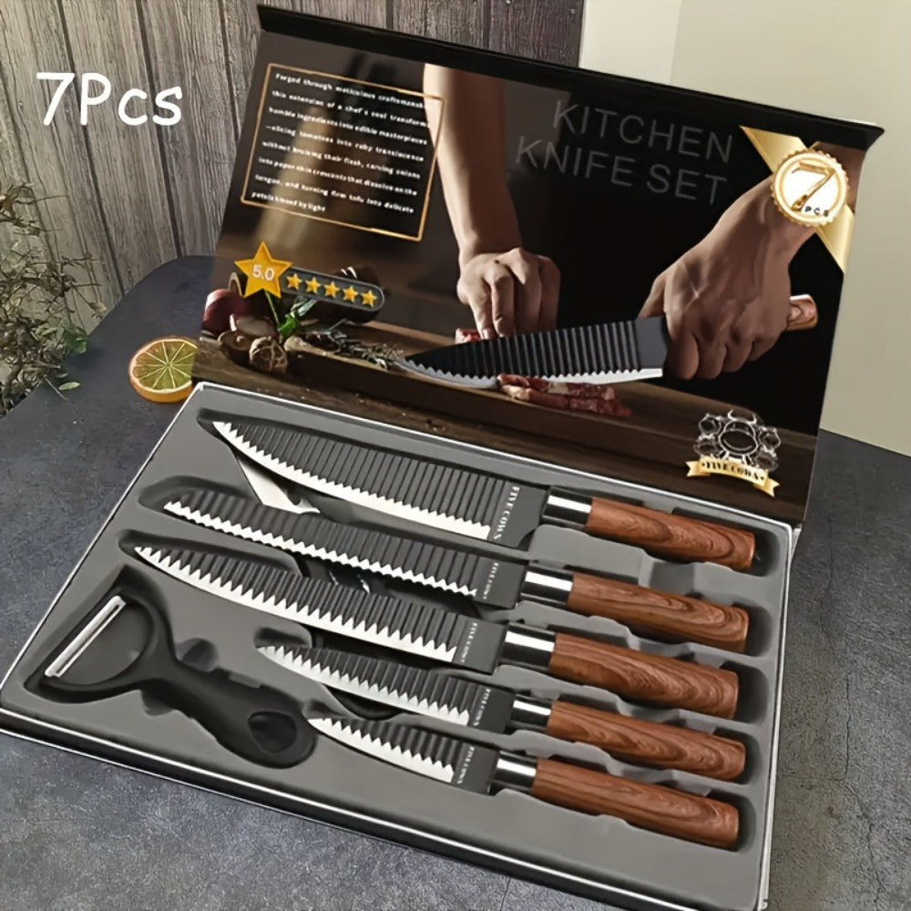 Kitchen Knife Set 6 & 7-Piece High-Carbon Stainless Steel with Ergonomic Wooden Handles ¨C Ultra-Sharp Chef's Knife, Peeler & Scissors