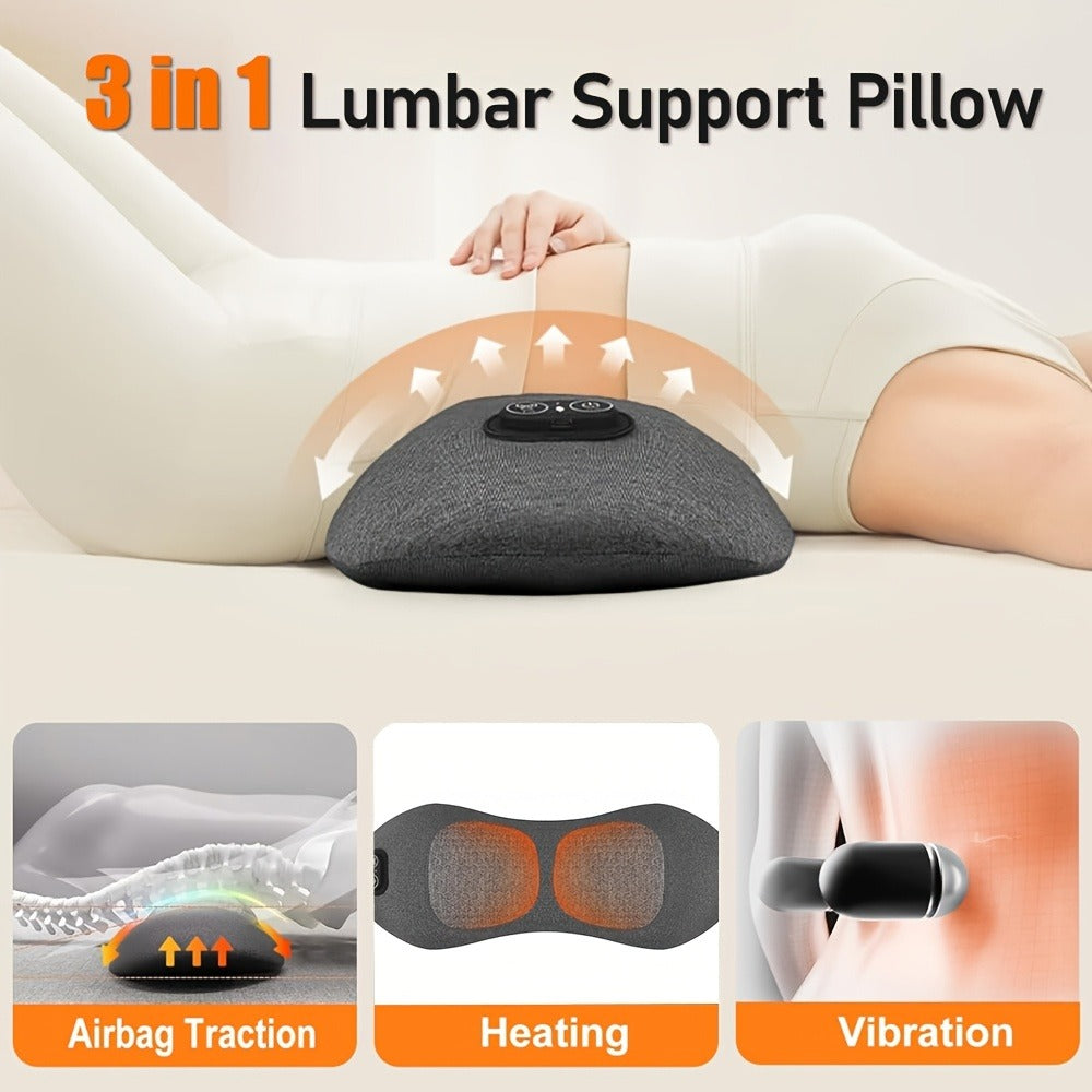 Lower Back Massager with Heat ¨C 3-in-1 Lumbar Support Pillow with Vibration & Traction for Back Pain Relief | USB Powered, Ideal for Car, Office Chair, Bed & Home Use