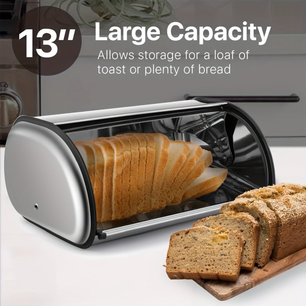 Stainless Steel Roll Top Bread Box 13 Inch - Countertop Bread Storage Container with Lid, Keeps Bread Fresh & Insect-Free, Holds Large Loaves, Bagels, Muffins