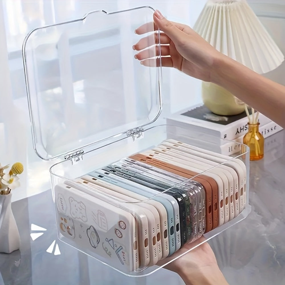 Clear Acrylic Desktop Organizer with Lid - Phone Case Storage Basket for Home Office Desk Organization