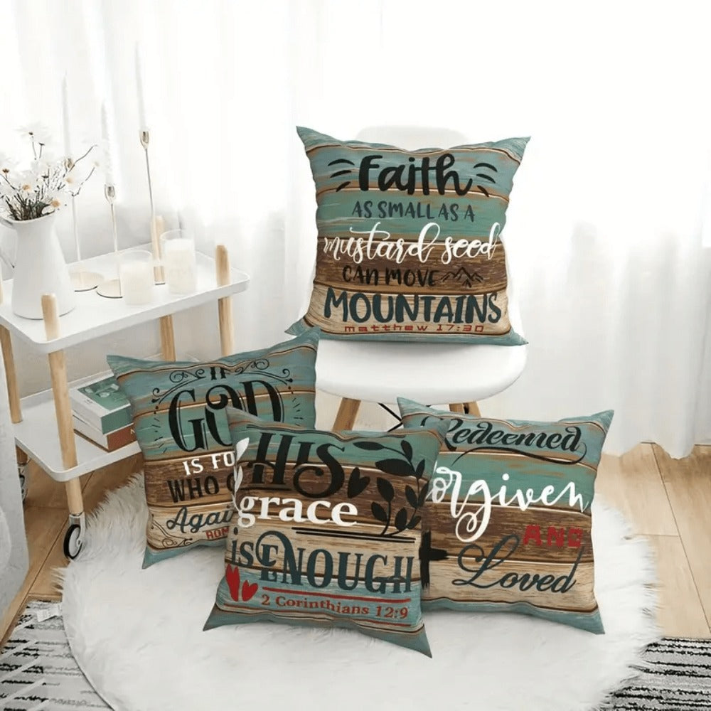 Throw Pillow Covers Scripture Quotes 4 Pack Decorative Linen Cushion Covers Inspirational Bible Verse for Sofa Couch Bedroom Living Room Home Decor 18x18 Inch No Insert