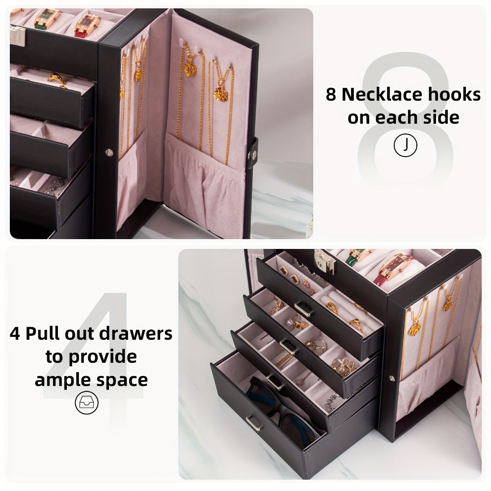 Large Jewelry Box 5-Tier PU Leather Organizer with Lock & Mirror ¨C Storage Case for Bracelets, Earrings, Rings & Necklaces