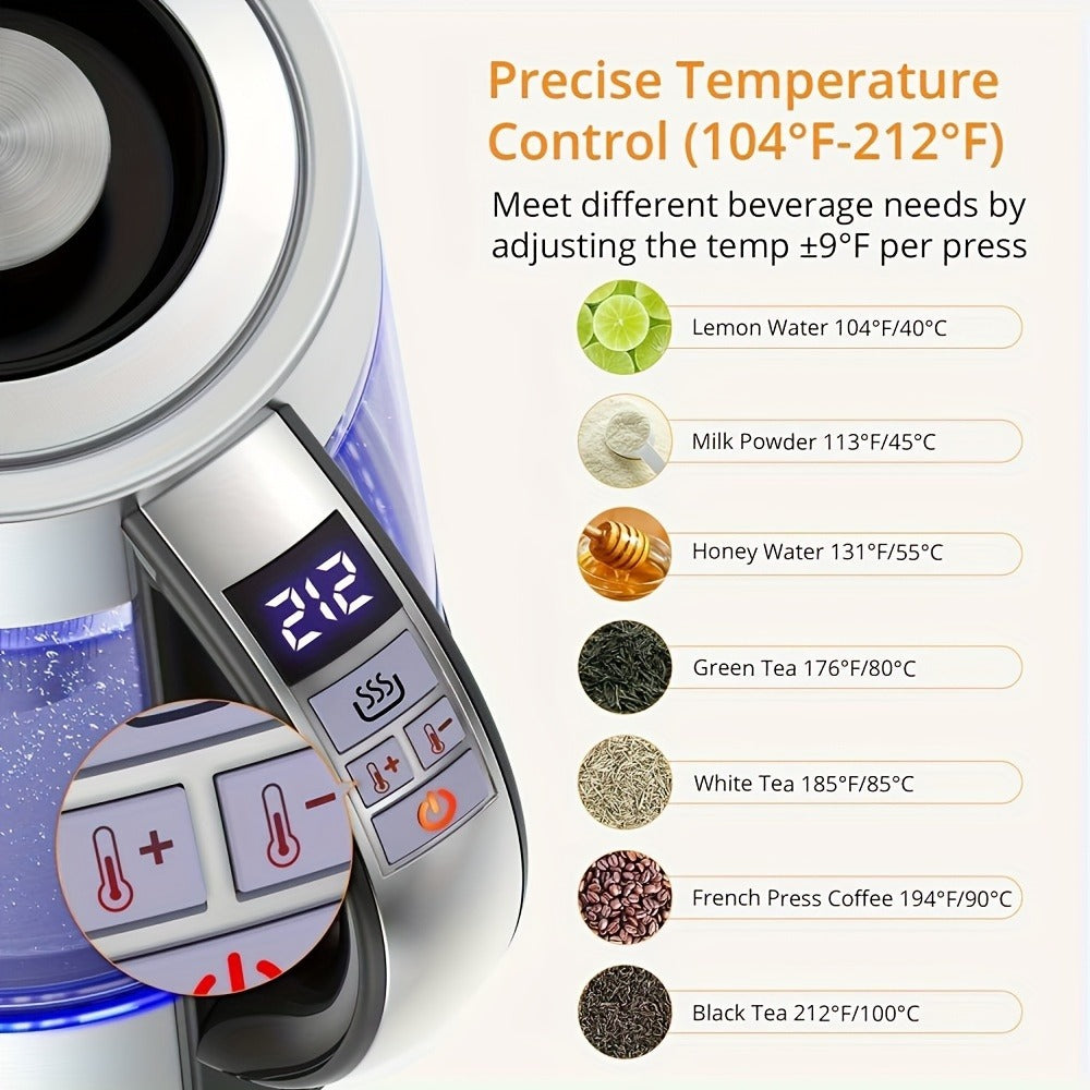 Electric Glass Kettle 1.8L 12 Temperature Controls 24-Hour Keep Warm BPA-Free Borosilicate Glass Stainless Steel Tea Infuser Filter for Coffee Tea Powdered Milk