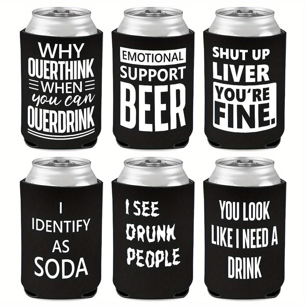 6-Pack Neoprene Beer Can Coolers with Funny Drinking Phrases - Insulated Drink Sleeves for Soda & Lager - Durable Cylindrical Can Huggers for Bachelorette, Oktoberfest & Camping Parties