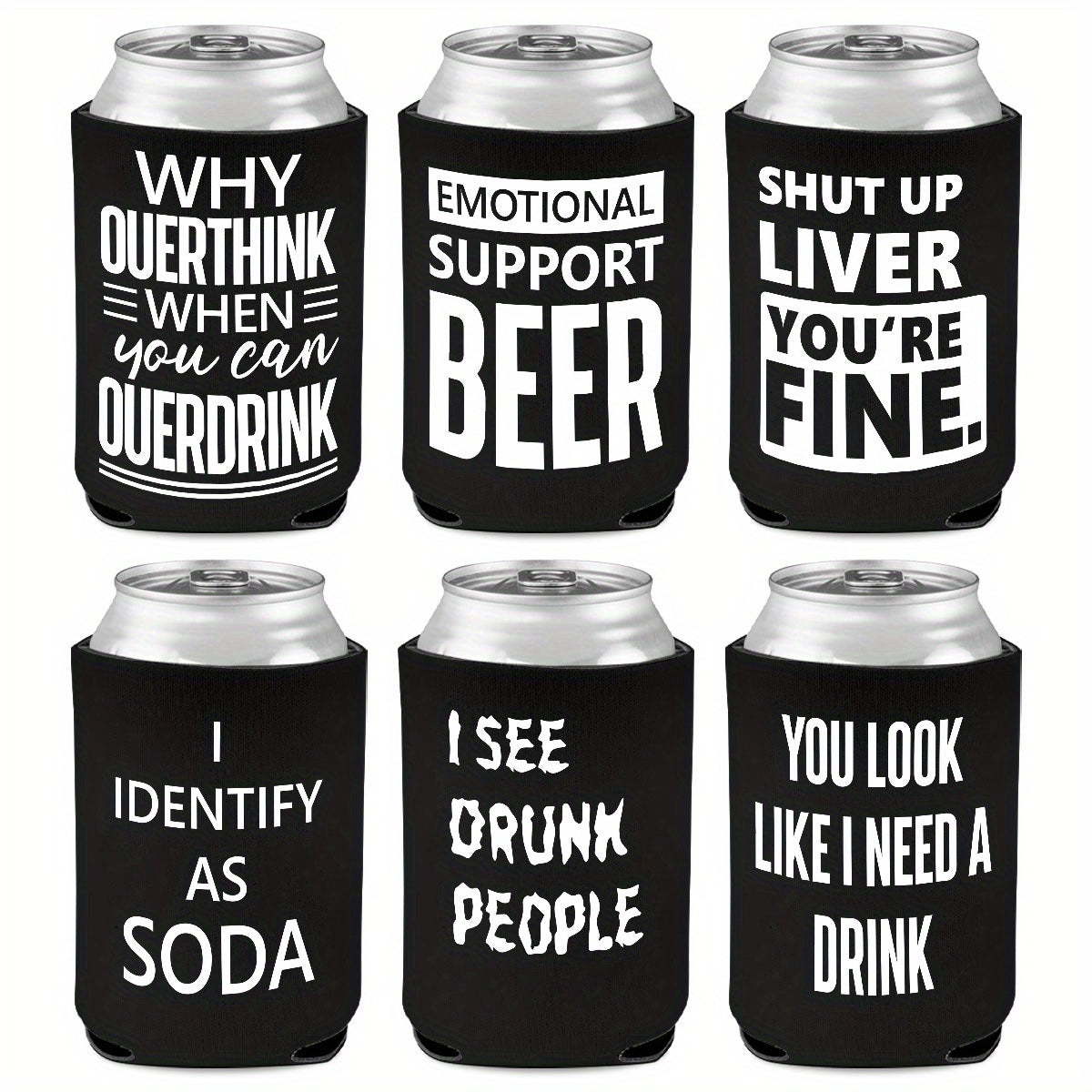 6-Pack Neoprene Beer Can Coolers with Funny Drinking Phrases - Insulated Drink Sleeves for Soda & Lager - Durable Cylindrical Can Huggers for Bachelorette, Oktoberfest & Camping Parties