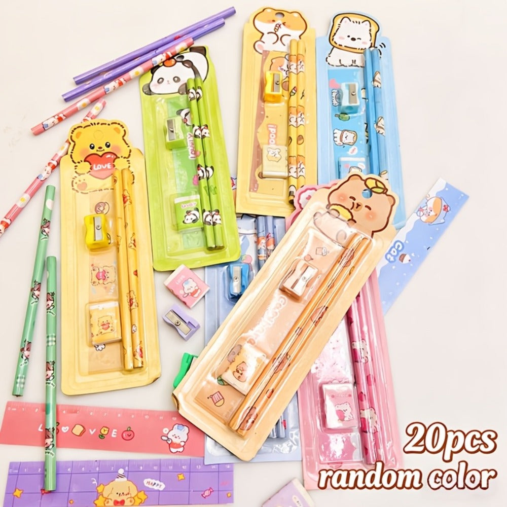 20-Piece Cartoon Pencil Stationery Set with Ruler Eraser Sharpener, Random Cartoon Styles, Kids School Supplies, Party Favor Prizes, Festival Gift Set for Students