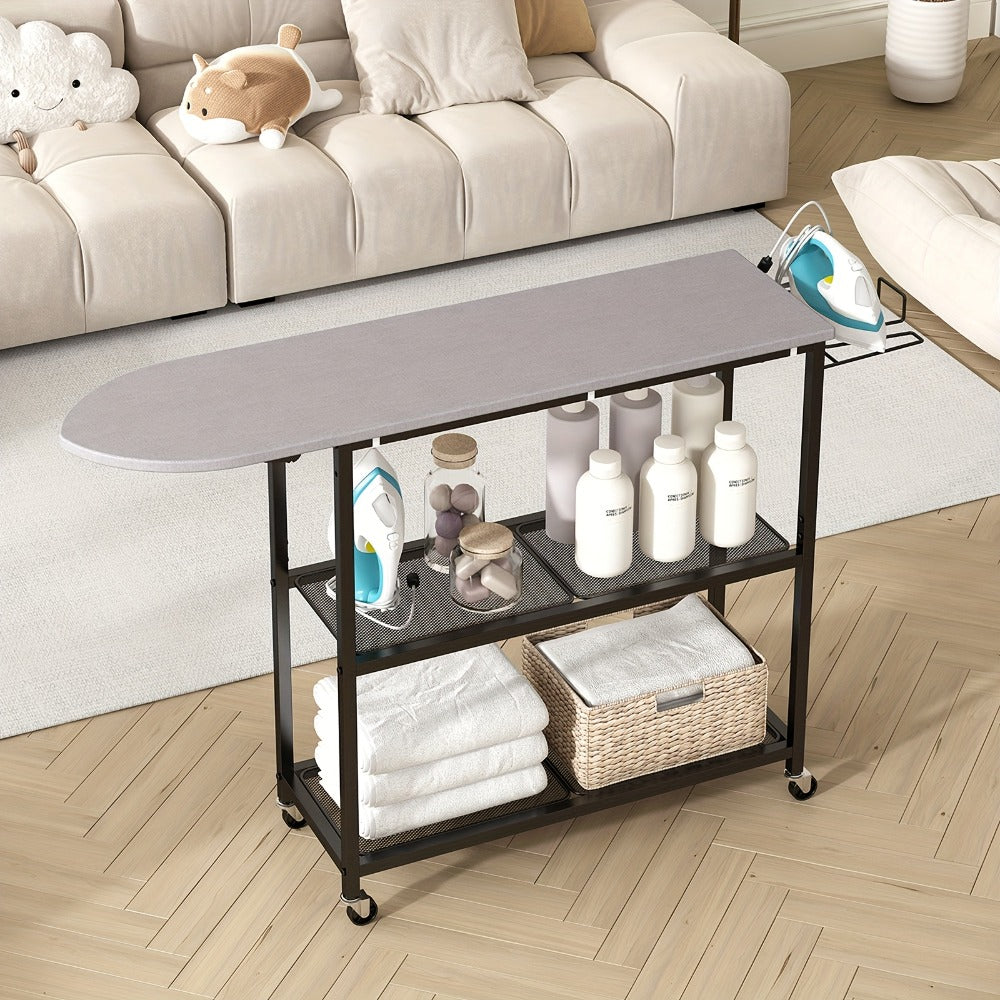 3-Tier Ironing Board Cart with Wheels ¨C Rolling Laundry Station with Multi-Layer Storage Shelves for Living Room, Bedroom & Outdoor Use