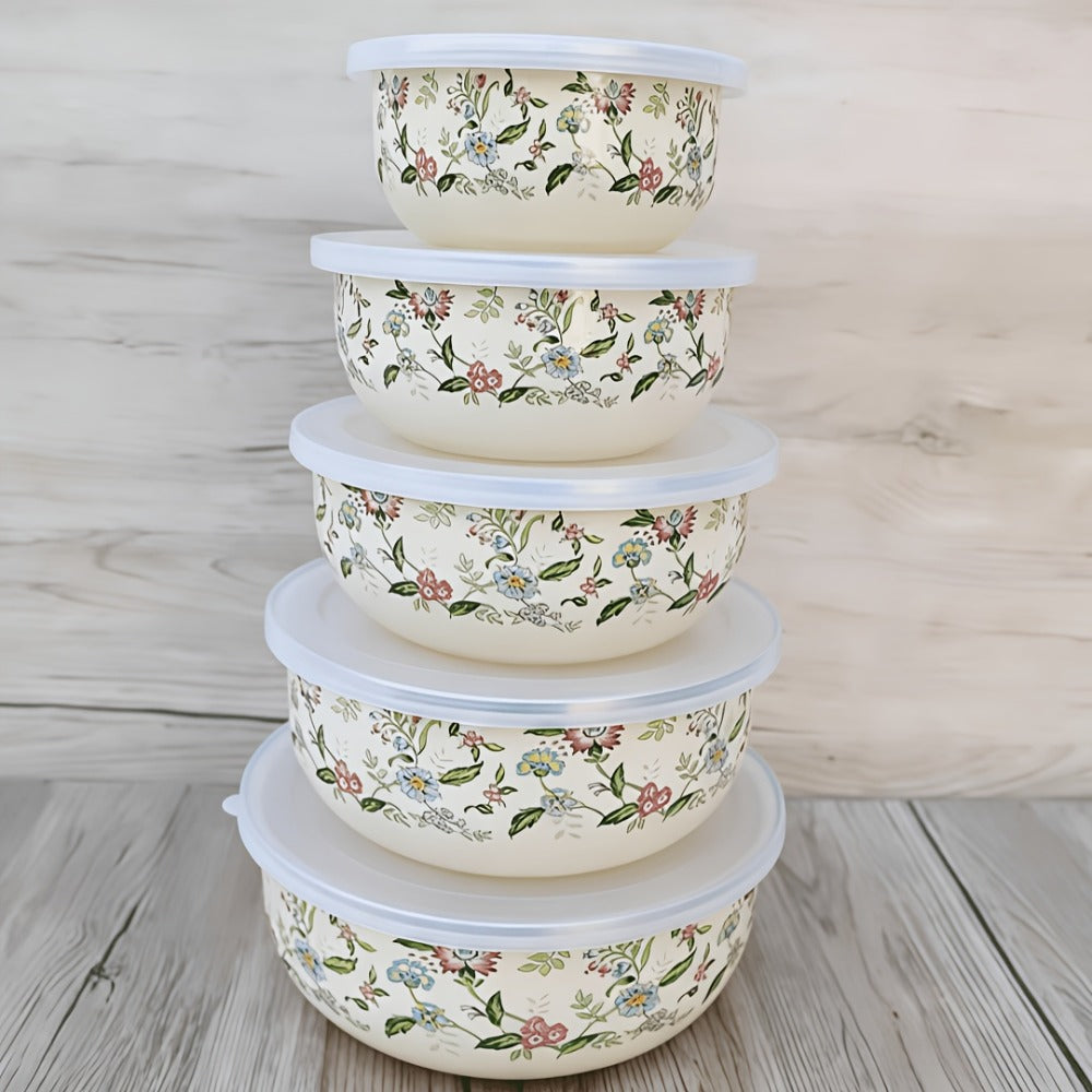 5-Piece Enamel Food Storage Containers Set with Lids - Sealed Lunch Boxes, Noodle Bowls & Refrigerator Preservation Bowls for Kitchen, Office & Camping