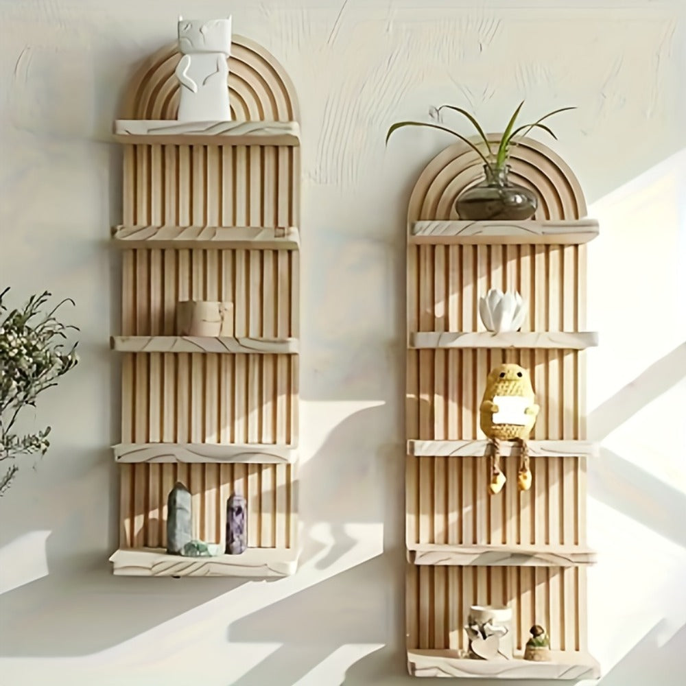 Boho Wooden Wall Shelf Floating Plant Shelf ¨C 3 or 5 Tier Oval Hanging Flower Pot Rack, Minimalist Bedroom Living Room Storage Display Shelf, Wall-Mounted Wood Decor for Home & Apartment