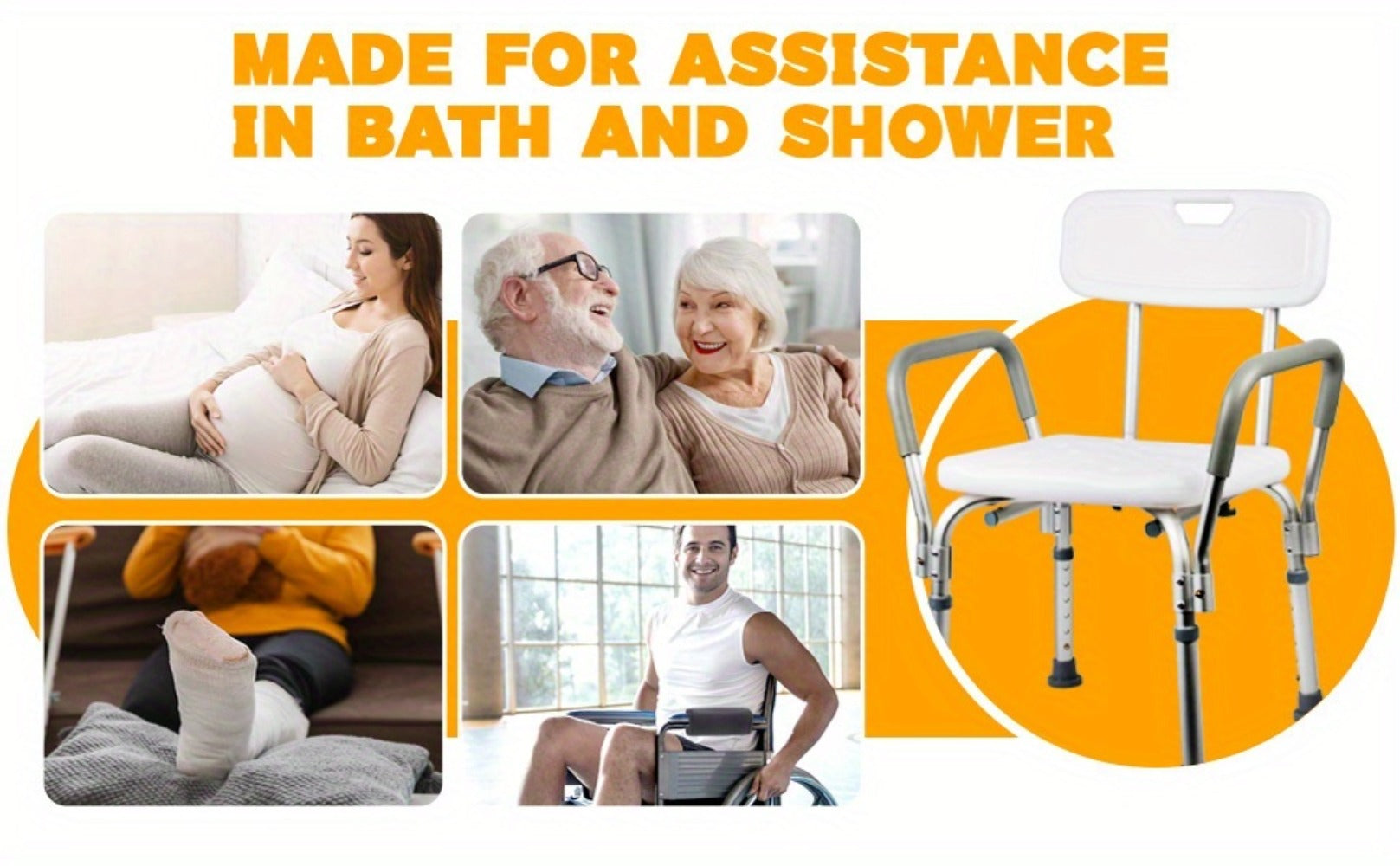 Shower Chair with Armrests & Backrest ¨C Height Adjustable Aluminum Bath Seat, 350 LBS Capacity, Non-Slip Rubber Feet, Cushioned Support for Elderly, Disabled & Post-Surgery, Fits Most Showers & Tubs