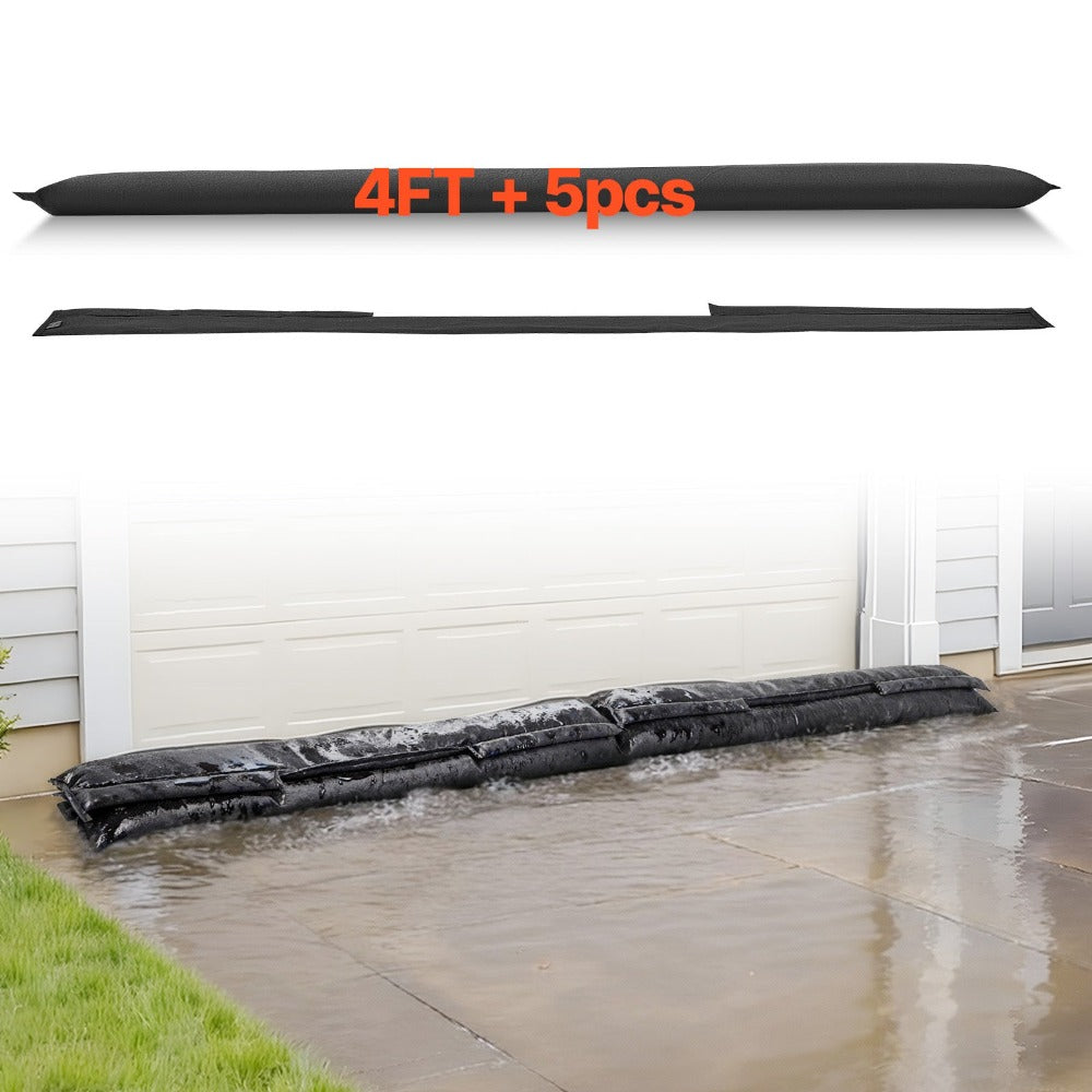 Flood Barrier Bags 4 Pack ¨C Water Activated Sandless Sandbags, Reusable Absorbent Flood Protection for Home, Doorway, Basement & Garage, 5 x 0.7 ft