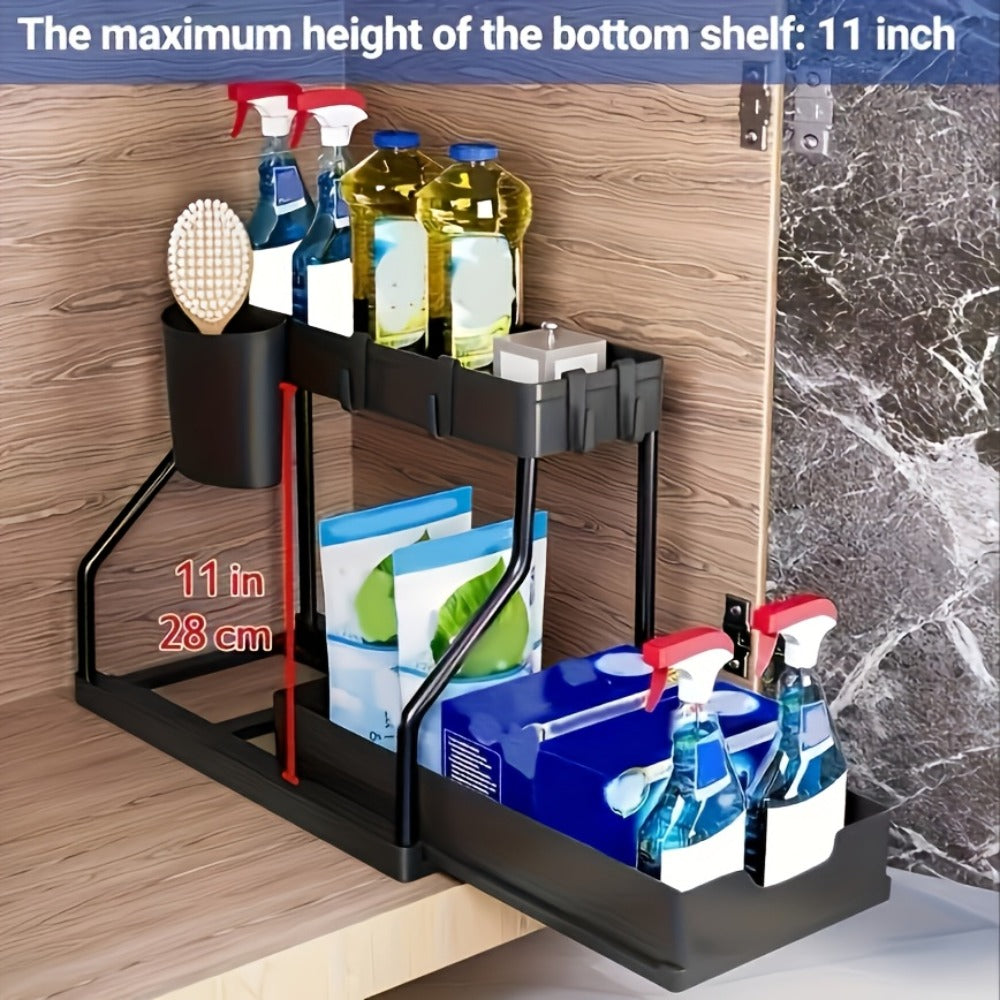 Under Sink Organizer 2-Tier Sliding Cabinet Basket with Hooks ¨C Adjustable Bathroom Kitchen Shelf Storage Rack for Cabinets