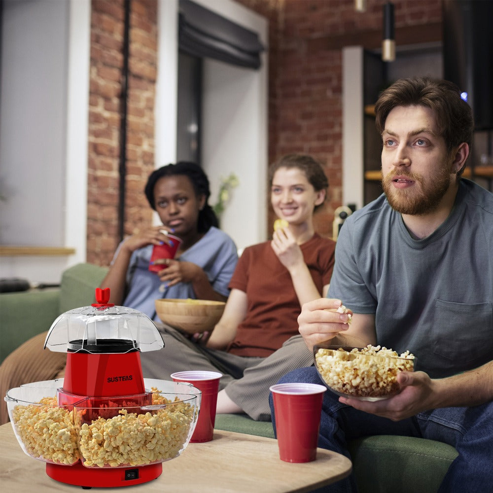 Hot Air Popcorn Maker with 4 Bowls ¨C Oil-Free Electric Popcorn Machine 95% Pop Rate Ready in 3 Min | Portable Popcorn Popper for Movie Night Family Gatherings Parties Home Theater Kitchen Use Red