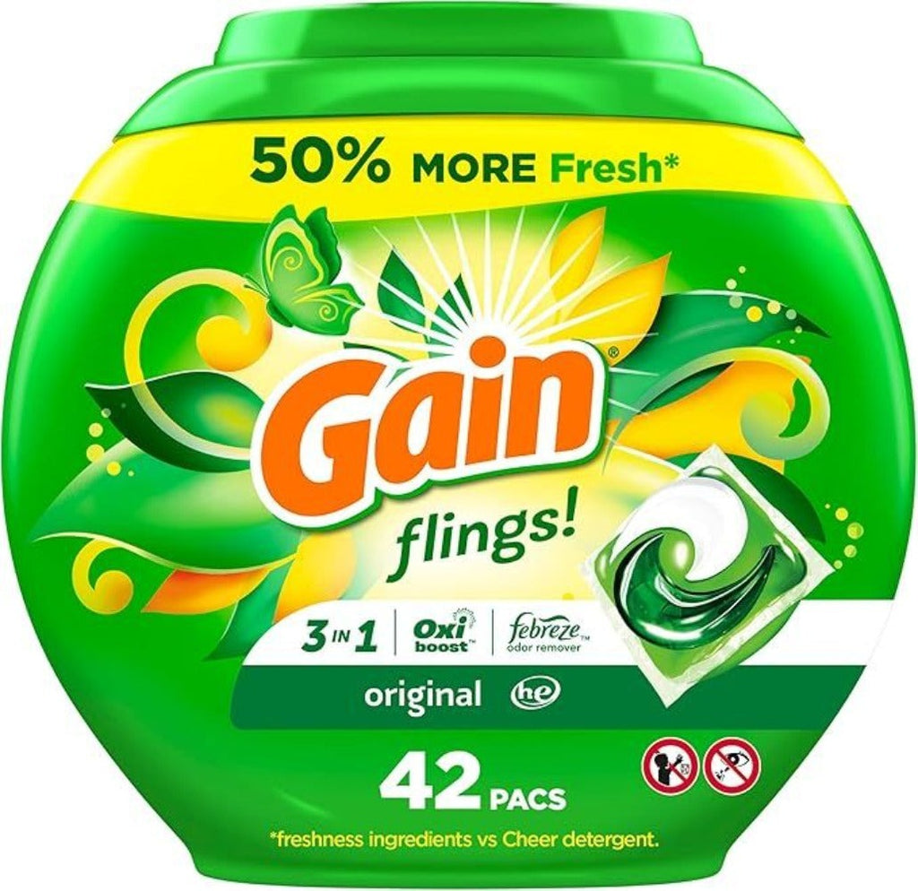 Gain Flings Laundry Detergent Pods 42ct Original Scent - 3-in-1 Concentrated Liquid Pods with Stain Remover & Odor Fighter, HE Compatible Hot & Cold Water, Pre-Measured No-Mess Laundry Pacs