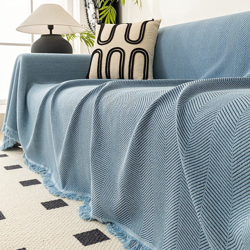 Herringbone Sofa Throw Cover with Tassels Jacquard Woven Solid Color Washable Polyester Sofa Blanket Slipcover for 3 4 Seater Couch Living Room - Grey Coffee Green Blue