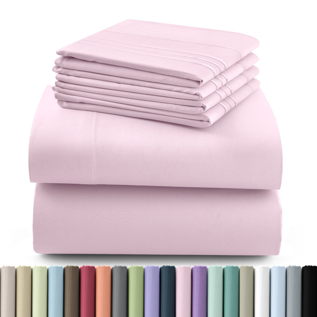 Fitted Sheet Set 6-Piece Brushed Polyester Deep Pocket Bed Sheets 20 Colors Hotel Luxury Soft Bedding with Embroidered Pillowcases
