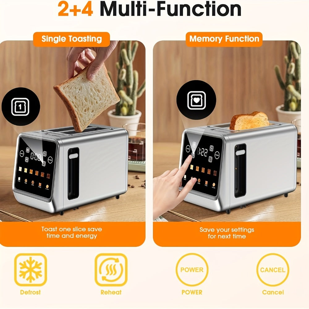 Smart Digital Toaster 2 Slice Touch Screen ¨C Stainless Steel with Memory Function, 5 Bread Types, 6 Shade Settings, 1.5-Inch Wide Slot, 900W Fast Toasting for Home Kitchen