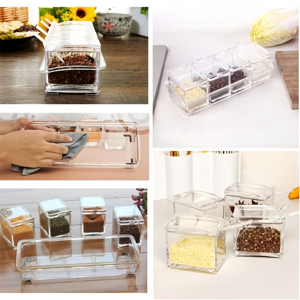 Kitchen Seasoning Storage Box Set of 4 - Transparent Multi-Grid Moisture-Proof Spice Organizer with Flip Lid, Airtight Condiment Container for Home Kitchen Apartment