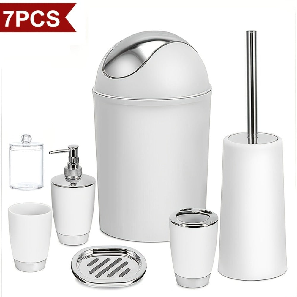 Bathroom Accessory Set 7 Piece - Luxury Modern Complete Bath Set with Trash Can Toilet Brush Lotion Dispenser Soap Dish Mouthwash Cup Toothbrush Holder | Space Saving Easy Clean Housewarming Gift 7 Colors